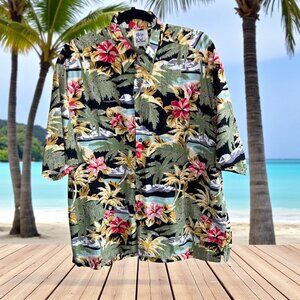 Pau Hana Men's Vintage Hawaiian Volcano Floral Camp Aloha Shirt Size XL